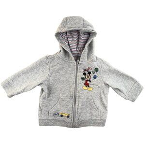 Disney Mickey Mouse Jacket Boys 6-9M Gray Fleece Hooded Full Zip Car Embroidered